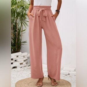 Wide Leg Lounge Pants wi/ Pockets Lightweight High Waisted Adjustable Tie Knot